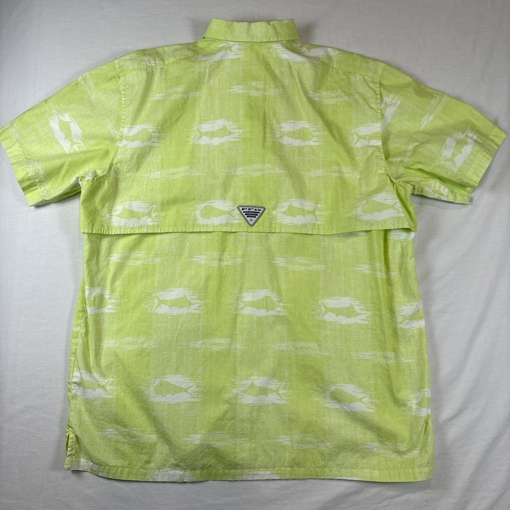 Columbia PFG Shirt Mens Large Lime Green w/Fish Button Up Vented Performance - Picture 4 of 7
